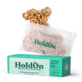 HoldOn Zipseal Snack Bags – Compostable, PFOA-Free, BPA-Free, Food-Safe, Freezer-Safe Zip Seal Food Storage Bags With Secure Seal for Snacks, Home & Travel (50 bags total)