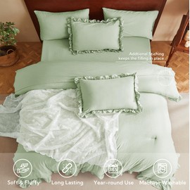 MR&HM Cal King Ruffle Comforter Set, Light Green 7 Pieces Bed in a Bag Set, Vintage Farmhouse Shabby Chic Bedding Set with Comforter, Flat Sheet, Fitted Sheet, Pillowcases & Shams for All Seasons