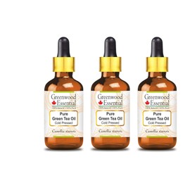 Greenwood Essential Natural Green Tea Oil (Camellia Sinensis) with Glass Dropper, Natural Pure Therapeutic Quality, Cold Pressed (Pack of Three) 100 ml x 3 (10 oz)