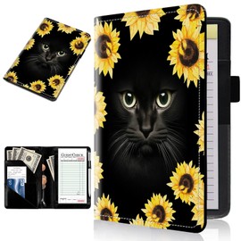 Server Books for Waitress Leather Waitress Book Server with Zipper Money Pocket Cute Sunflower and Black Cat Pattern Design Serving Book Guest Check Book Holder Fits Server Apron