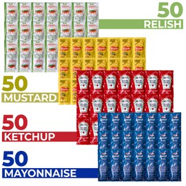 Grab-n-Go Condiment Packs - 50 Single Serve Pouches of Each: Ketchup, Mustard, Relish, and Mayo - Great for Picnics, Boxed Lunch, BBQ, Travel, Picnic and Parties (200 Condiment Packets Total)