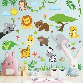 Supzone Jungle Animal Wall Stickers Forest Animal Tree Wall Decals Monkey Elephant Giraffe Cartoon Animal Wall Sticker for Kids Baby Nursery Playroom Bedroom Classroom Kindergarten Wall Decor