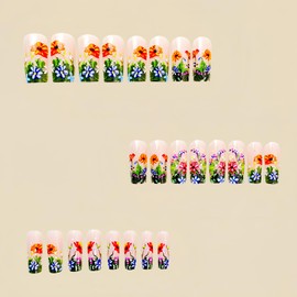 24Pcs Flower Press on Nails Medium Square False Nails Colorful Floral Design Acrylic Nails Spring Fake Nails Full Cover Flowers Stick on Nails Artificial Coffin Nails Reusable Glue on Nails for Women