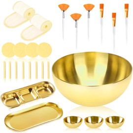 DLUGOPIS 26 suministros de esteticista dorados 3 pinceles de abanico Esteticista 3 tazones para mezclar mascarillas faciales Tazones grandes para servir dorados 3 pinceles faciales planos Bandeja para