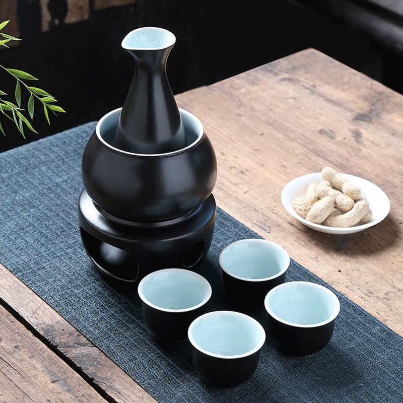 WINIAER Ceramic Sake Set with Warmer Pot, Traditional Pottery Hot