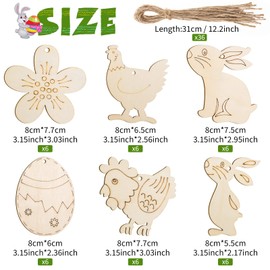 MELLIEX Pack of 36 Easter Wooden Pendants, Easter Decoration Made of Wood, Easter Pendants for Painting, Easter Jewellery, Wooden for Ornaments, Hanging with Jute Rope, Easter Eggs, Rabbit, Chick