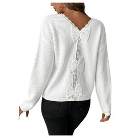 GORGLITTER Women's Bow Knot Sweaters Lace Trim Long Sleeve Ribbed V Neck Sweater Pullover White Medium