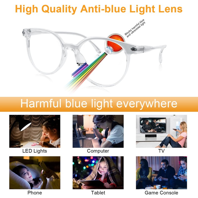 Craebuer Clear Glasses for Women Men, Retro Round Blue light