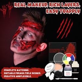 Halloween make-up set, zombie, Halloween make-up set, Halloween artificial blood set, wounds make-up set contains fake blood, liquid latex, scar wax, 6 colours bruise body colour, SFX make-up for