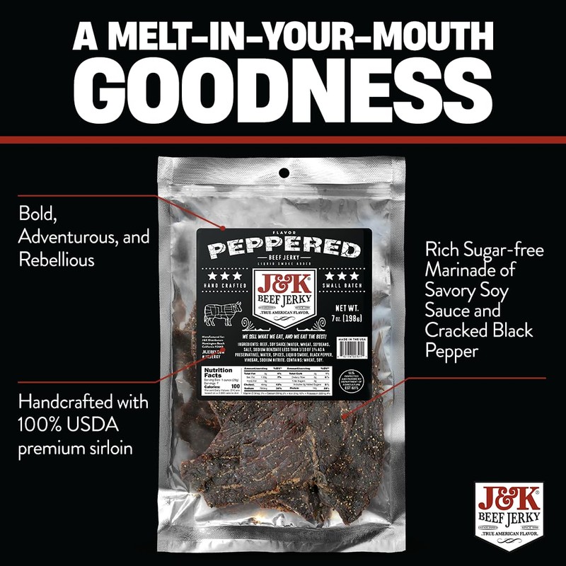 J&K Jerky Small Batch Handcrafted Beef Jerky (7oz, Peppered)