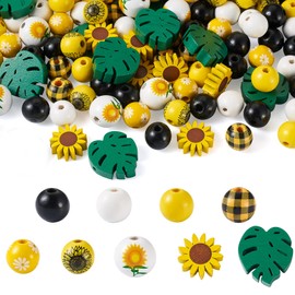 Beadthoven 120Pcs Painted Natural Round Wood Beads Sunflower Daisy Leaf Farmhouse Theme Yellow Wooden Loose Spacer Beads for DIY Jewelry Making and Garden Decor Hole:2.5~4.5mm