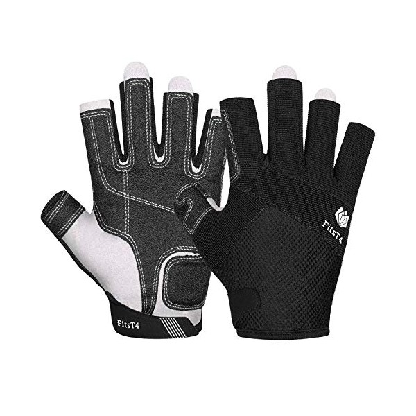 FitsT4 Sailing Gloves 3/4 Finger Padded Palm - Mesh Back for Comfort - Perfect for Sailing, Paddling, Canoeing, Kayaking, SUP for Men Women & Kids Black M