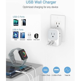 TESSAN Regleta Multicontacto Pared, Conector Multiple con 4 Salidas CA, Extension Electrica Outlet con 2 Puertos USB A y 1 Puerto USB C, Hogar, Oficina, Dormitorio, Viaje Accesorios, Gris