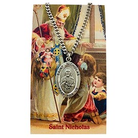 Saint Nicholas Pewter Medal on a Stainless Steel Chain with Holy Card Real Santa Boxed Set, 1 1/4 Inch, Metal, No Gemstone