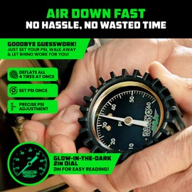 Rhino USA Adjustable Tire Deflators with Gauge (0-60psi) Calibrated & Automatic Tire Air Down Tool - Large 2" Easy Read Glow Dial & Solid Brass Hardware - Best Offroad Deflator for Jeep, Truck or ATV