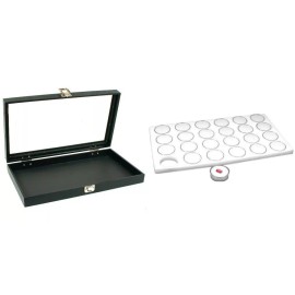 FindingKing Black Glass Top Jewelry Case (Single metal clasp) w/White Foam 24 Gem Jar Insert