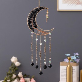 Agate Moon Dream Catchers with Crystal 7 Chakra Gemstone Dream Catchers Color Natural Gem Agate Wall Hangings Room Garden Dreamcatchers Decor (Black)