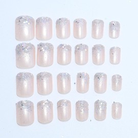 CEWEWP 24Pcs Short Square Shape Press On Nails, Fake Nail with Glitter Powder Decor, Glitter French Tip Glue on Nails Acrylic Fake Nails Glitter Full Cover Nails For Women Girl Nail Art