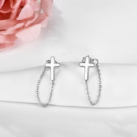 DAYLINLOVE Cross Stud Earrings 925 Sterling Silver Cross Chain Earring Hypoallergenic Chain Link Cross Jewellery Birthday Gifts for Women Girls, Sterling Silver