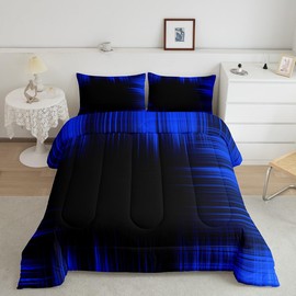 Blue and Black Bedding Set Full Size, Geometric Artistic Smear Comforter Abstract Ombre Comforter Set Kids Toddler Gradient Lines Duvet Set Kids Room Decor Microfiber Bed Set