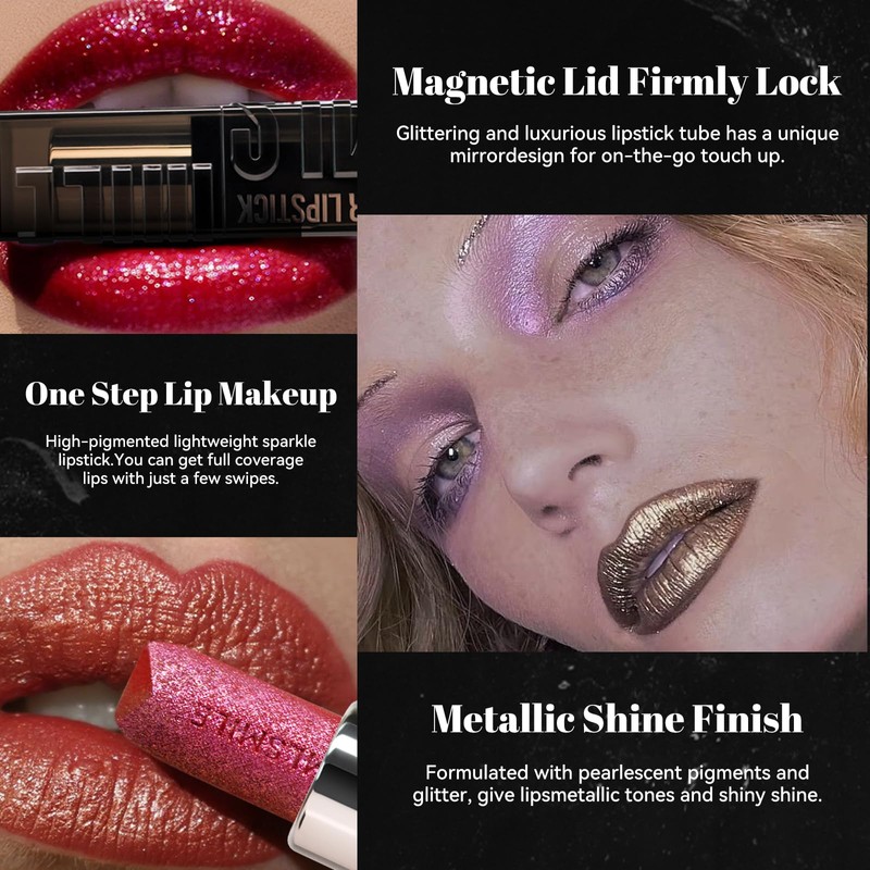 MIESCHER Sparkling Lipstick Lip Gloss Long Lasting, Waterproof Diamond Metallic
