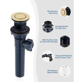 Bathroom Sink Drain with Lift Rod, Pop Up Sink Drain with Overflow, Brushed Gold Drain Stopper for Vessel Sink, Assembly for Bathroom Faucet
