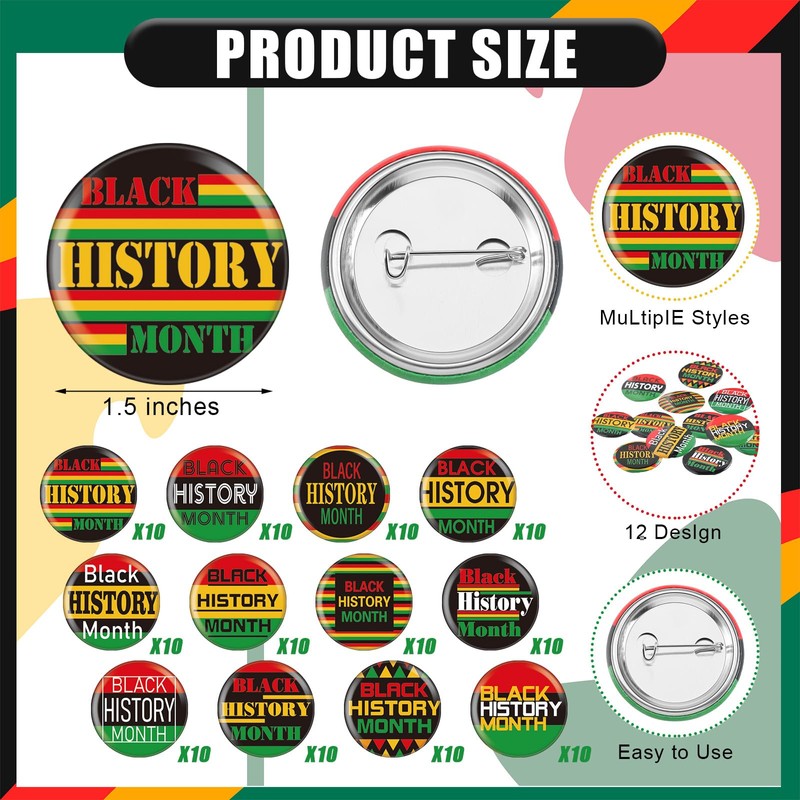 Quelay 120 Pcs Black History Month Pinback Buttons 1.5/2.25 Inch