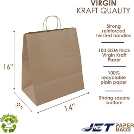 JET PAPER BAGS - 14”x9”x16” Inch [50 Pcs] Large Brown Paper Bags with Handles Prime for Takeout, Grocery, Goody, Retail, Party, Gifts, Weddings - Recyclable Kraft Paper Gift Bags with Handles