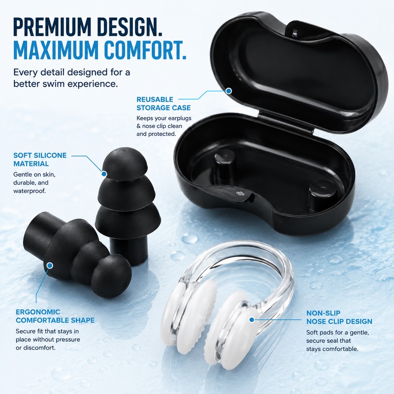 Swimming Earplugs & Nose Clip Set for Adults – Reusable