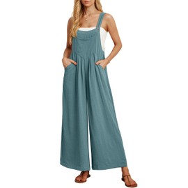 IWOLLENCE Jumpsuit for Women Wide Leg Overall Women's Dungarees with Adjustable Straps and Pockets Maternity Jumpsuit Blue Green Large