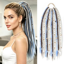 Boho Viking Braided Ponytail Extension on Hair Tie, 16 Inch Lightweight Synthetic Dreadlock Braid Extensions Hairpiece with Beads for Women Fine Thin Hair(Black White and Light Blue Mix)