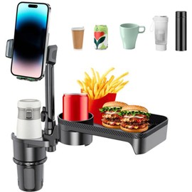 Aumotop 4 in 1 Car Cup Holder Expander Tray with Phone Mount, Multifunctional and Detachable Car Food Tray with 360°Rotation Adjustable Base, Car Cup Expander for Travel Road Essentials Accessories L