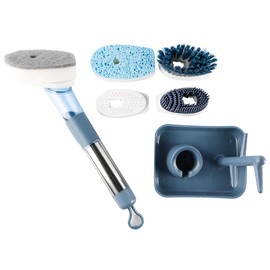 Ieron Blue Dish Scrubber Brush Set with 4 Multi-functional Heads and Handle Soap Dispensing Dish Brush Wash Up Brushes Sponge for Pot Pan Dish Sink Kitchen Cleaning
