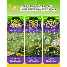 Bubble Machine, 3 in 1 Bubble Maker for Kids - 3 Replaceable Bubble Wands & 2 Speeds, 10000+ Colorful Bubbles/Min, Battery Operated or Plug-in, Bubble Toys for Indoor Outdoor Parties & Birthday Gifts