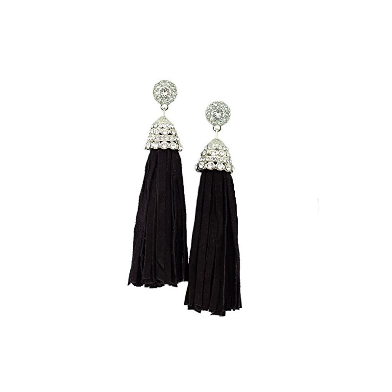 Suede Crystal Tassel Earrings (Black)