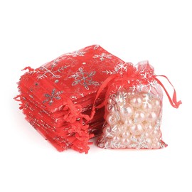 jijAcraft 100PCS Red Christmas Organza Bags - 3x4 inch Small Snowflake Bags for Christmas, Xmas Favor Bags with Drawstring - Sheer Organza Bags for Christmas, Winter Party Gift, Jewelry Bags