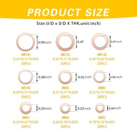 Polcatay 200 PCS Copper Washers, M5 M6 M8 M10 M12 M14 Crushed Leak-proof Sealing Flated Gaskets Assortment Set, High Temperature Resistance Oil Pan Plug Sealing Gaskets, for Most Cars Trucks (Gold)