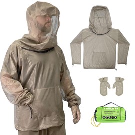 RoamRider Mosquito Jacket, Bug Jacket with Hood for Men and Women, Ultra-fine Mesh Mosquito Net Suit Clothing & Mitt for Fishing, Hiking, Camping and Gardening Outdoor Protection, Beige (S/M)