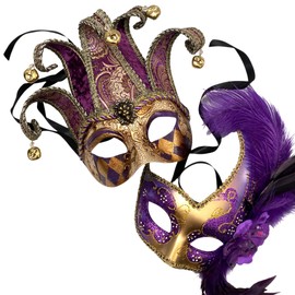 MASQSTUDIO Couples Masquerade Jolly Jester Mask Cosplay Mardi Gras Prom Dance Birthday Party Wear or Deco (Purple)