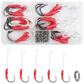 Fishing Assist Hooks Saltwater Jig Fishing Hooks Kit Jigging Assist Hooks with PE Line Dancing Stinger Jigging Hooks Butterfly Slow Pitch Jig Hooks Split Ring for Freshwater Saltwater