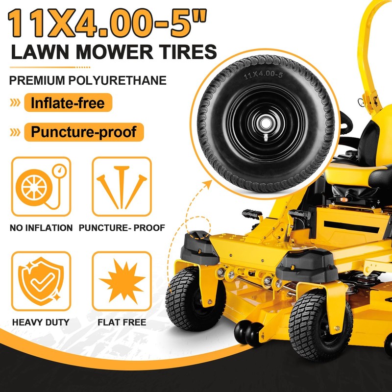 11x4.00-5 Flat Free Lawn Mower Tires, Zero Turn Mower Front