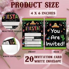 SIXEIGHT Fiesta Birthday Invitations, Mexican Theme Party Invitations, 20 Fill-in Style Invites with Envelopes for Girls Boys, Birthday Party Favor & Decoration (4"x6")-D36