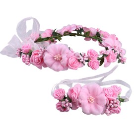 Love Sweety Rose Flower Crown Wreath Wedding Headband Wrist Band Set (Pink)