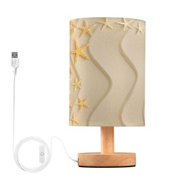 YYZZH Table Lamp Nautical Starfish Gold Wavy Beach Sand Summer Ocean Design Nightstand Lamp with Wood Base Fabric Lamp Shade Bedside Desk Lamp for Living Room Bedroom Kids Room Office