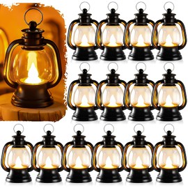 12 mini linternas de Halloween, centros de mesa para mesas con vela de simulación LED, linterna colgante pequeña de 4 pulgadas, linternas decorativas para mesas de centro de boda (amarillo cálido