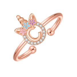 Initial Rings for Teen Girls, Rose Gold Plated Initial Ring Adjustable Rings for Girls Unicorn Alphabet Letter C Initial Rings for Girls Initial Letter Rings for Teen Girls Unicorns Gifts for Girls