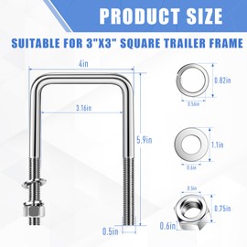 304 Stainless Steel Square U-Bolt Boat Trailer U-Bolts with Washers and Nuts, 1/2''D x 2-1/16" W x 6-5/16" L Heavy Duty U-Bolts for Sailboat Trailer, Automobiles Trailer Replacement Parts, 4 Sets