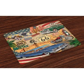 Lunarable Route 66 Place Mats Set of 4, Old Fashioned Cars Motorcycle on a Map Road Trip Journey American USA Concept, Washable Fabric Placemats for Dining Table, Standard Size, Beige Red