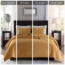 Madison Park Harper Quilt Set Velvet Casual Geometric Stitching Design All Season, Lightweight Coverlet, Cozy Bedding, Matching Shams, King/Cal King(104"x94"), Mustard 3 Piece