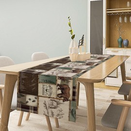 Rustic Cabin Bear Table Runner, Vintage Cottage Country Style Pine Tree Elk Wildlife Dinner Runner for Home Kitchen Dining Table Decoration 13"x36"